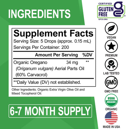 Vegan non GMO alcohol free organic oregano oil drops formula ingredients