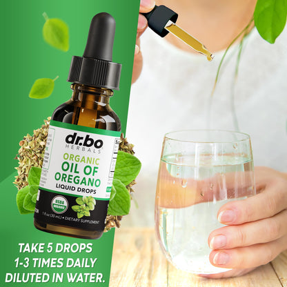 Dr. Bo Oregano Oil 1 fluid ounce package with extra virgin olive oil base