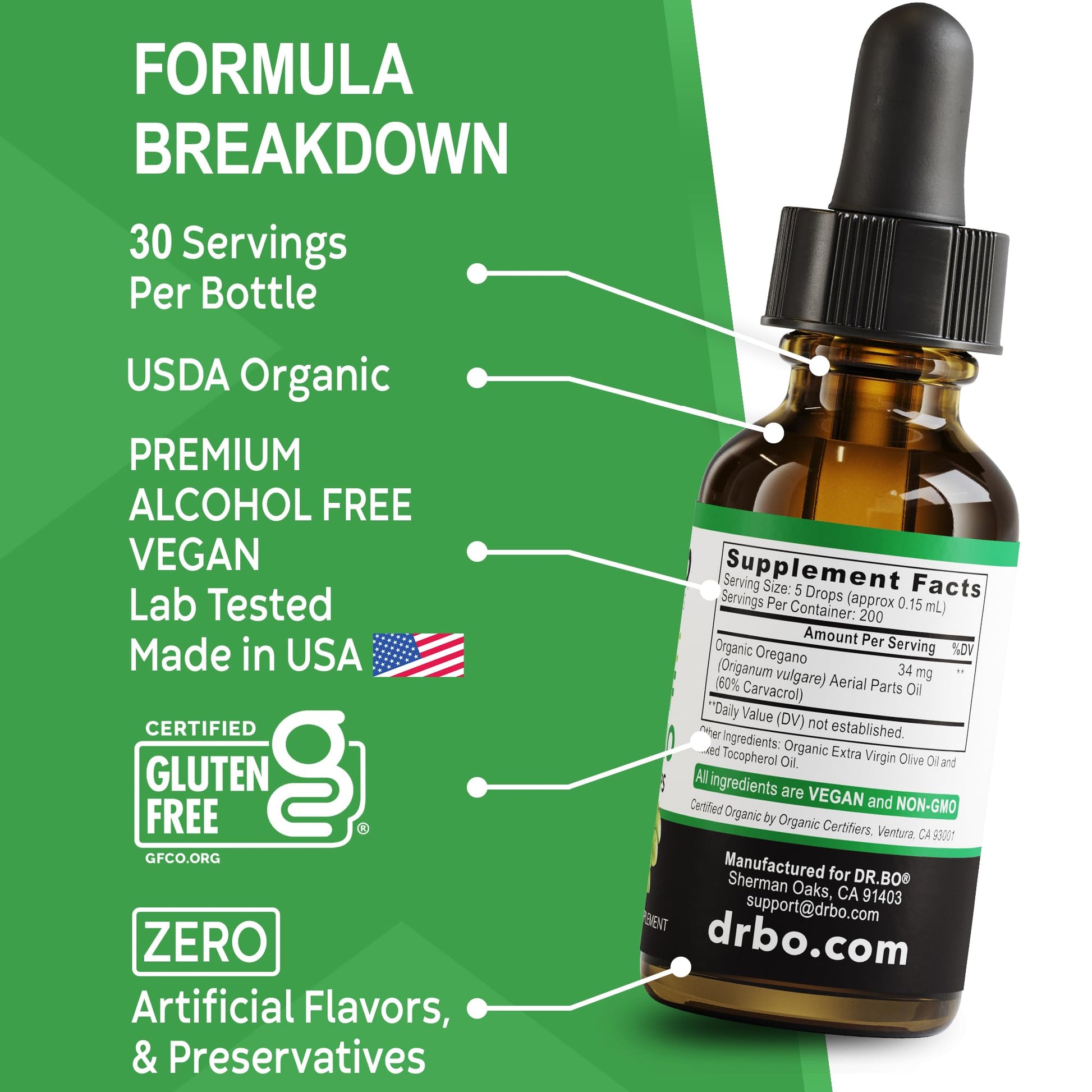 Premium herbal tincture Dr. Bo Organic Oregano Drops for daily wellness routine