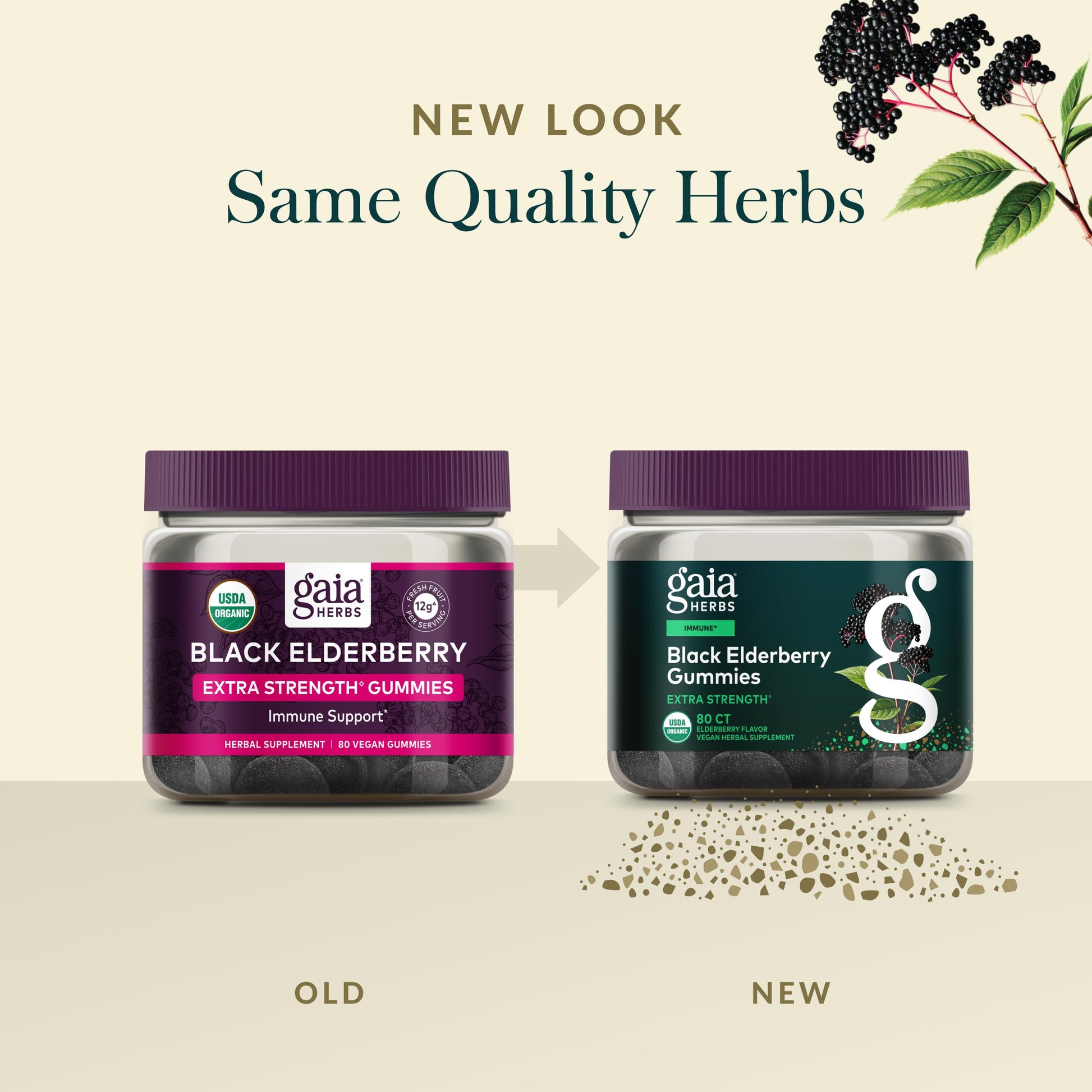 Gelatin-free organic elderberry immune support gummies inside a sustainable glass bottle.