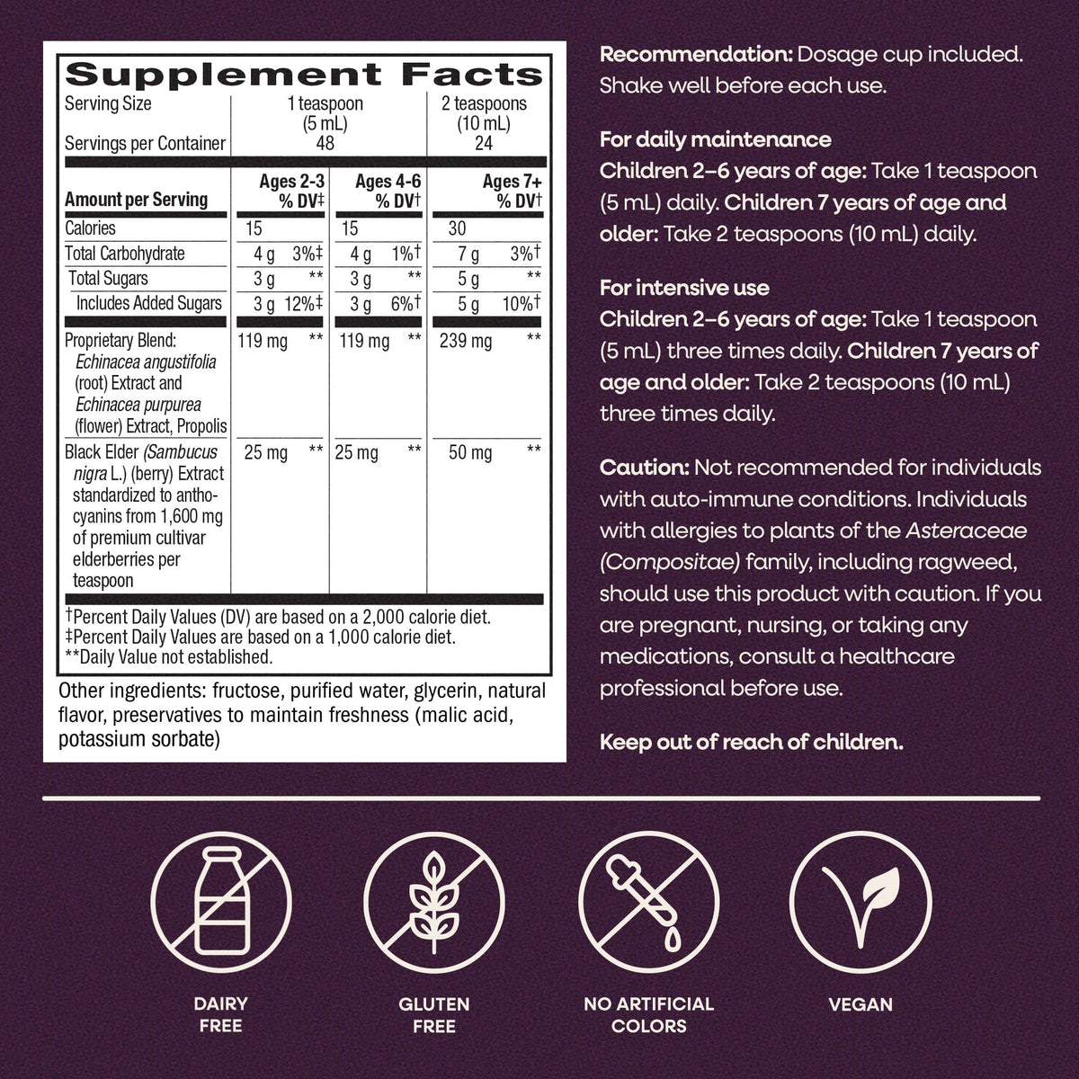 Nature's Way Sambucus Kids Elderberry Syrup ingredient details on box