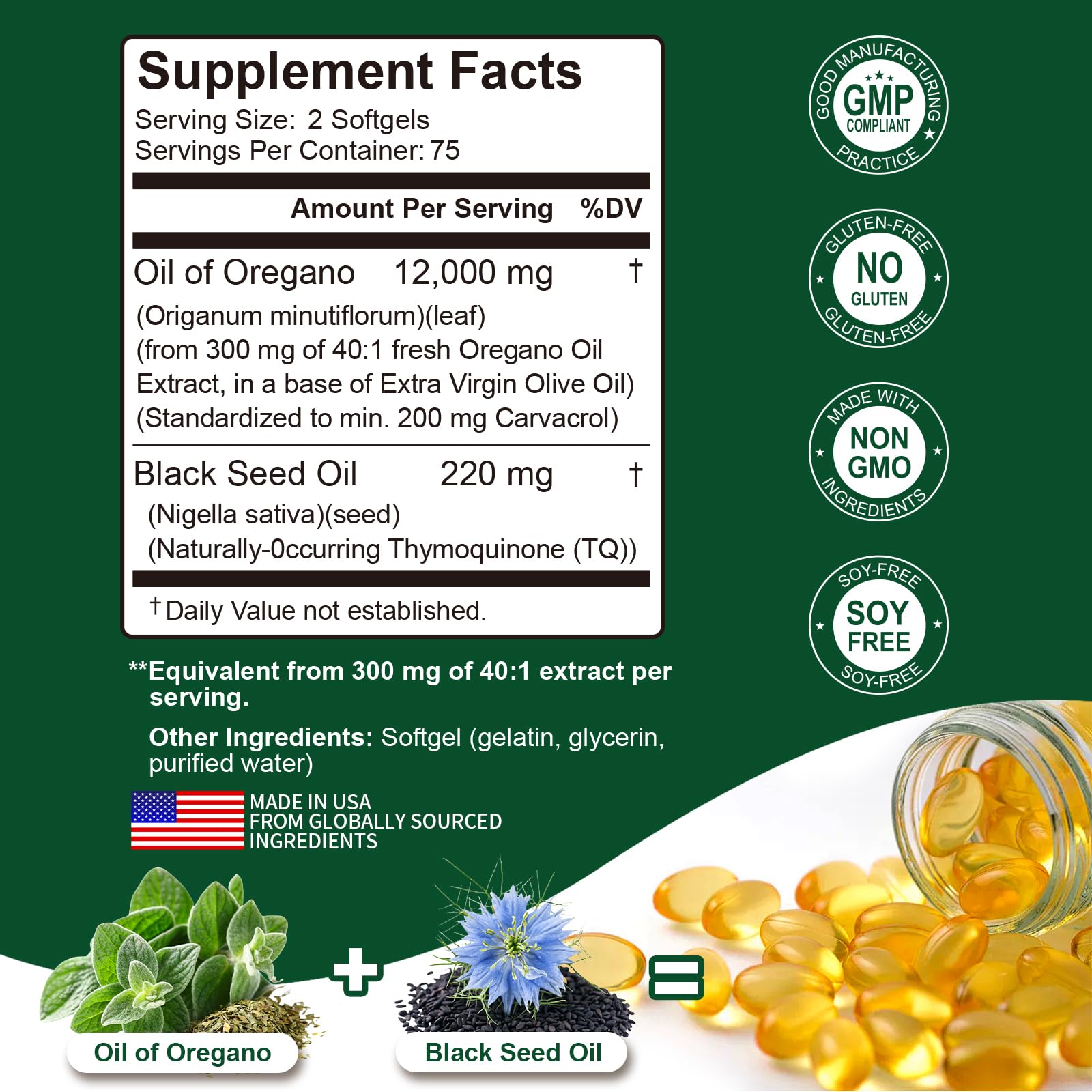 Keszciy 2-in-1 herbal supplement bottle showing carvacrol and thymoquinone benefits.