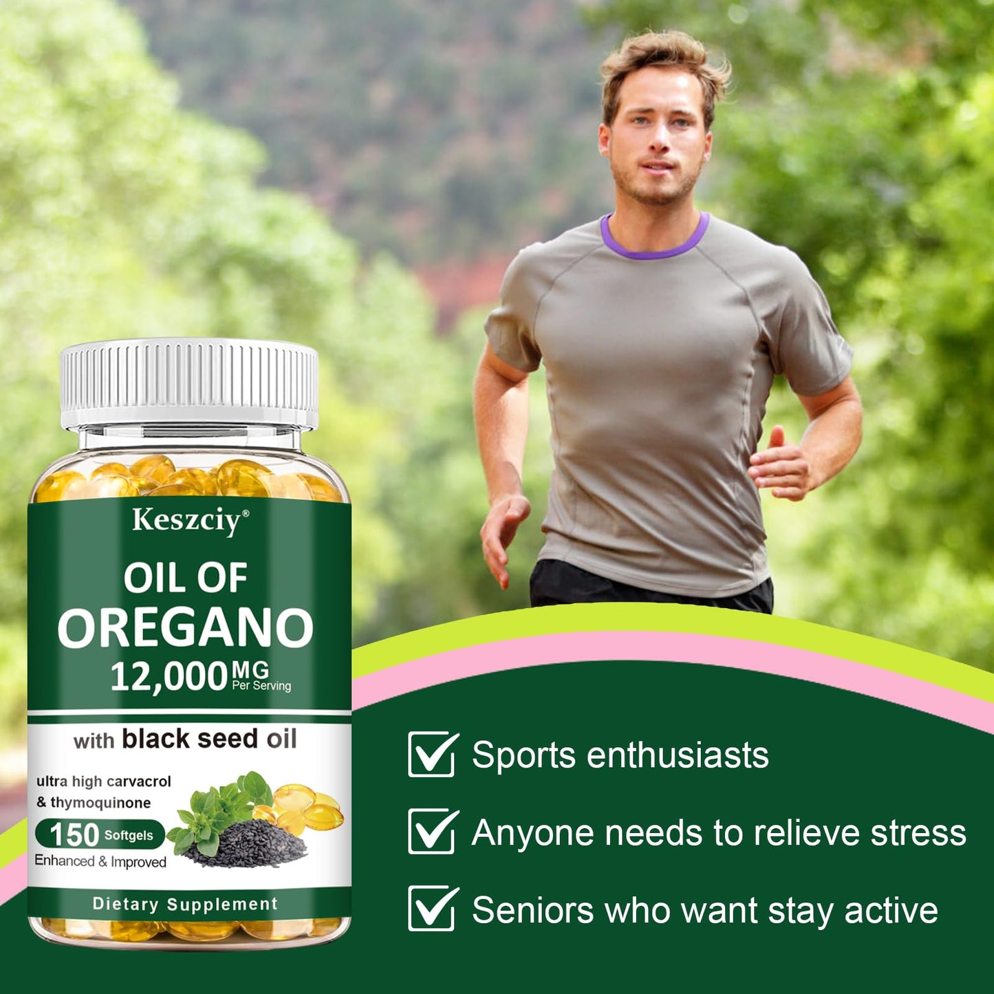 Authentic Keszciy 150 softgels dietary supplement premium non-GMO formula labels.