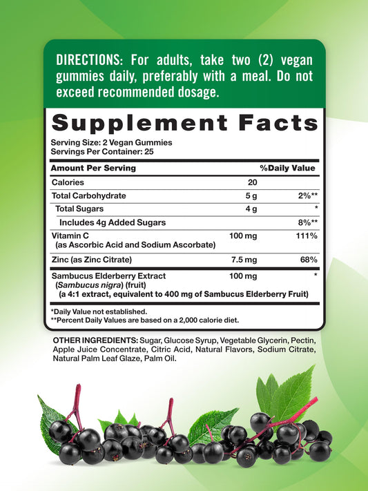 Nature's Truth Sambucus elderberry vegan gummies bottle showcasing clean plant based ingredients label.