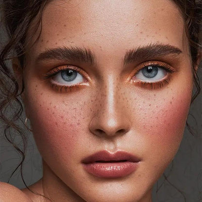Sunkissed brown liquid freckle tint application close up on cheek skin texture showing blendable finish.