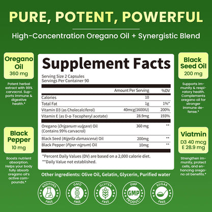 Lukaree oregano oil capsules supplement facts label and 5-in-1 ingredient list close up