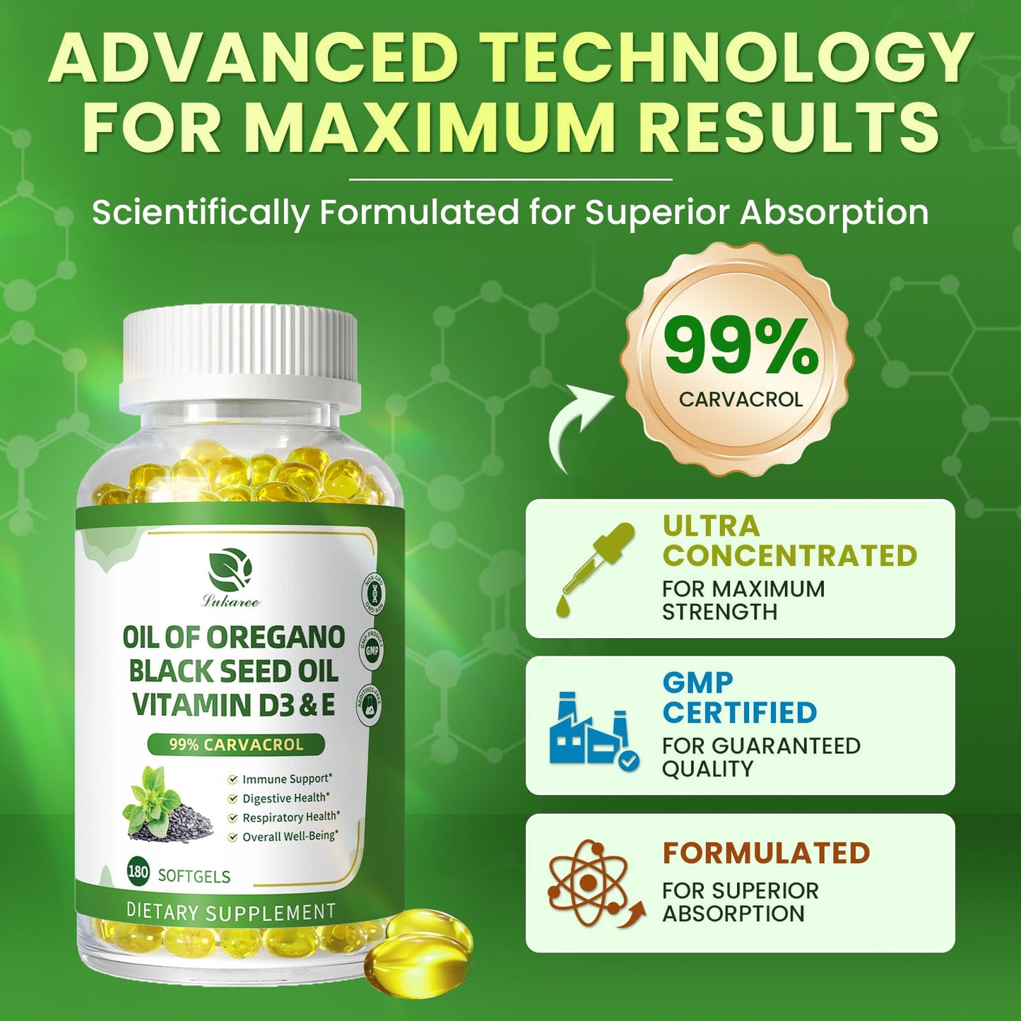 Lukaree organic immune support softgels packaging on a clean wellness background