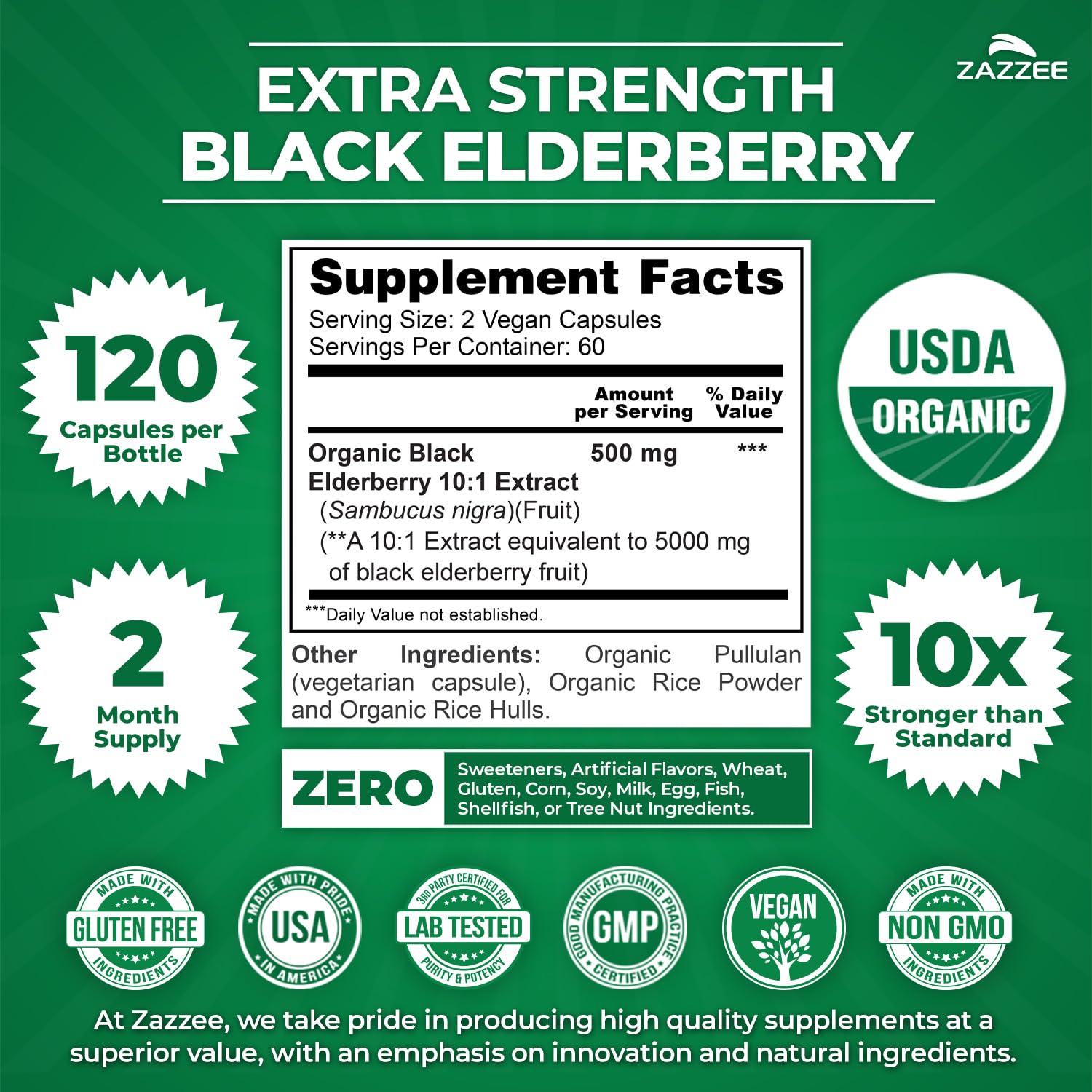 Zazzee organic black elderberry supplement 5000mg strength supplement facts panel closeup