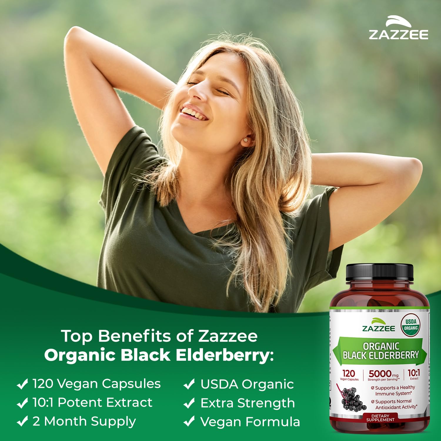Zazzee USDA certified organic seal and non GMO badge on product side panel