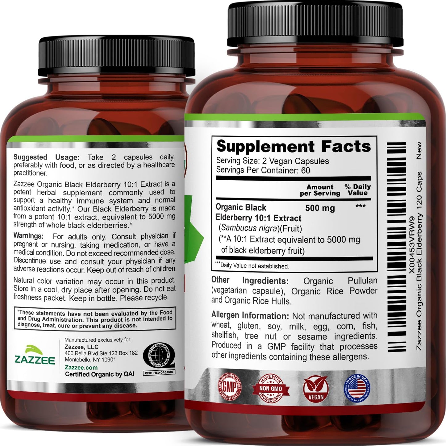 Authentic imported USA manufactured Zazzee organic elderberry wellness product layout
