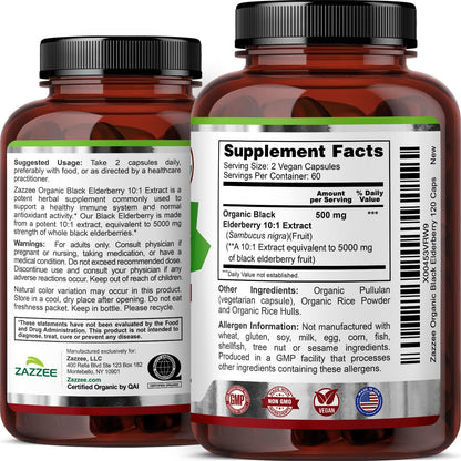 Authentic imported USA manufactured Zazzee organic elderberry wellness product layout