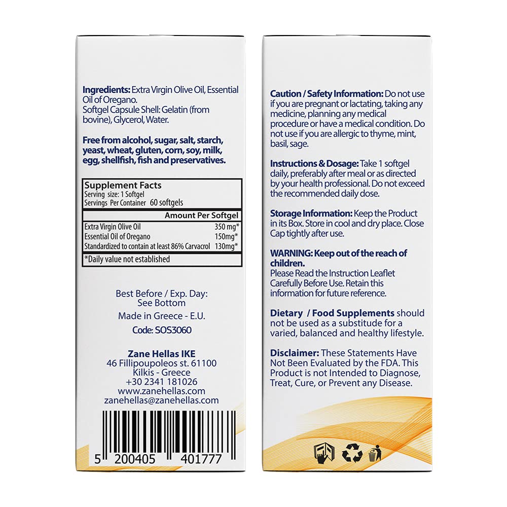 Premium Greek essential oil of oregano capsules supplement facts label