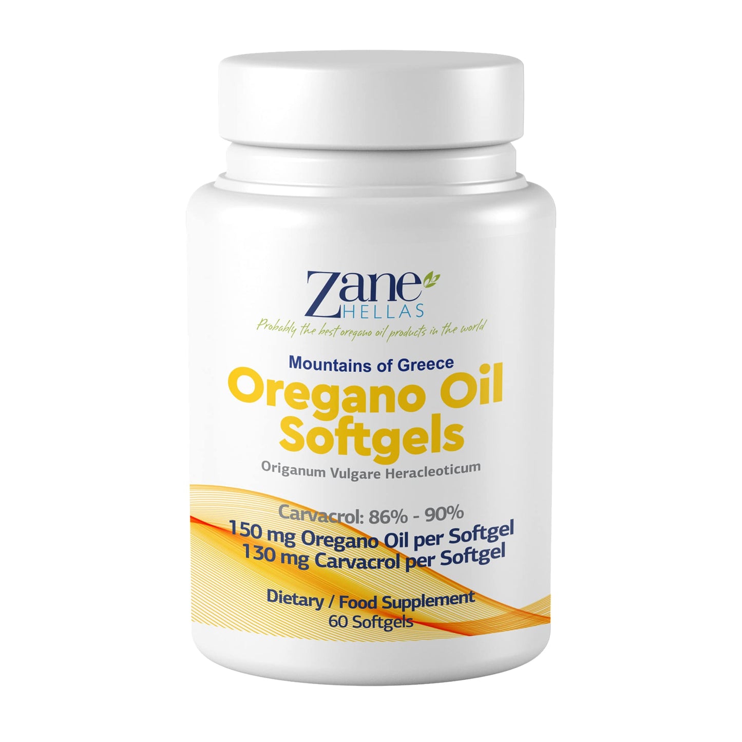 Authentic Zane Hellas oregano oil bottle showing 60 softgels count