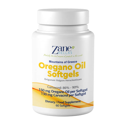 Authentic Zane Hellas oregano oil bottle showing 60 softgels count