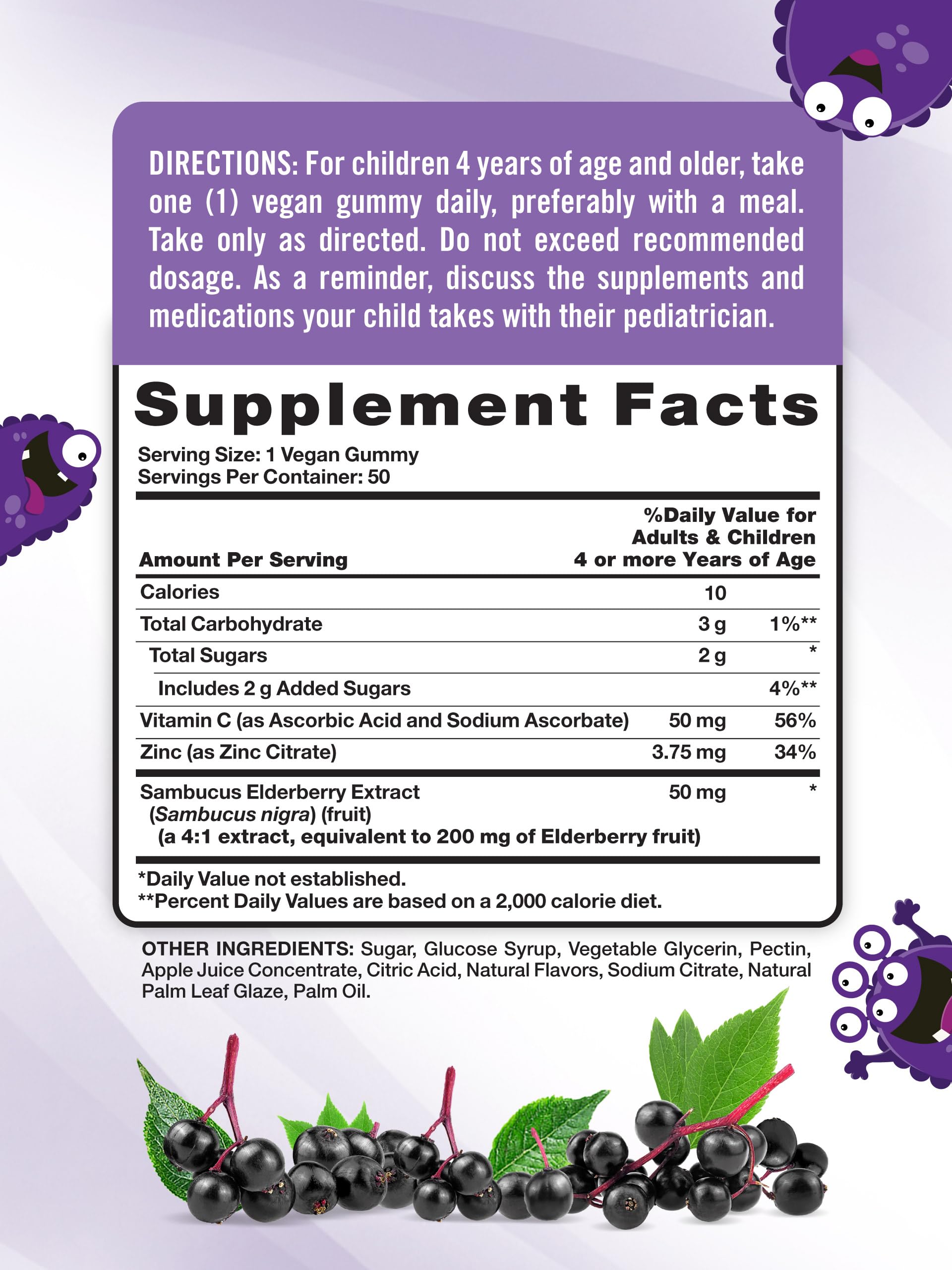 Nature's Truth Just 4 Kidz Sambucus Elderberry with Zinc and Vitamin C supplement label details