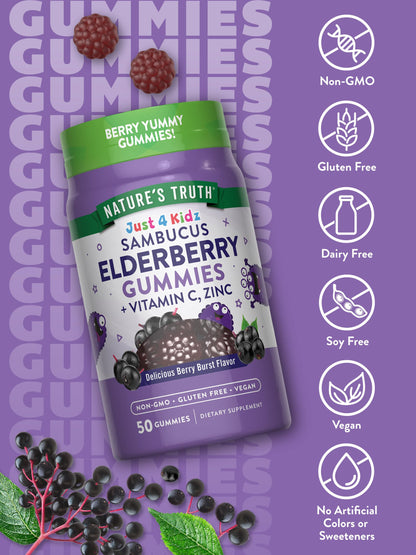 Vegan berry burst flavored kids elderberry chewable supplements for children aged four plus