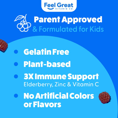 The Feel Great Vitamin Company Kids Elderberry Gummies close up of the berry flavored daily supplements