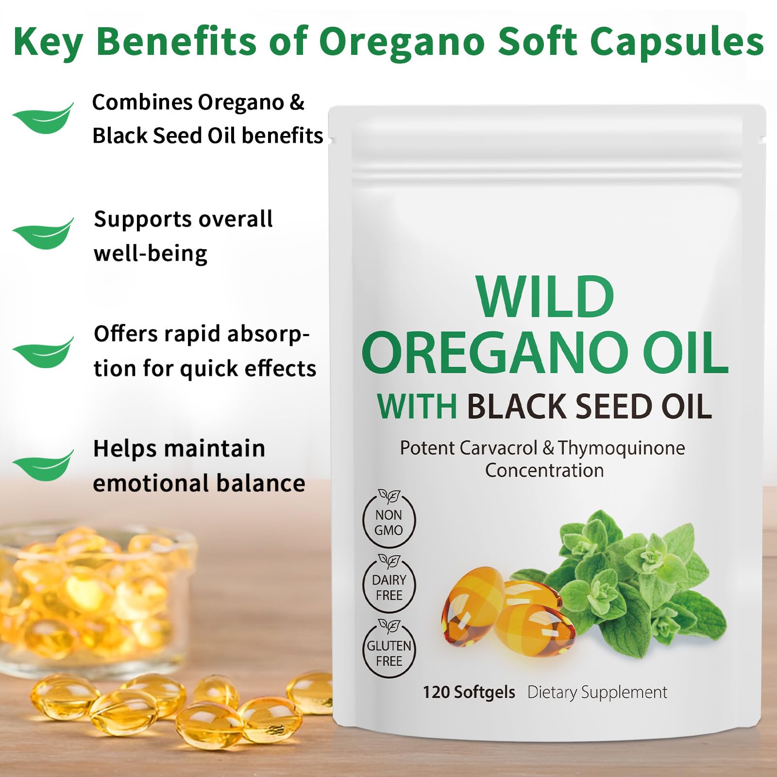 Supplement facts label on the back of Nyloriaine wild oregano oil softgels pack showing 6000mg equivalent dosage details.