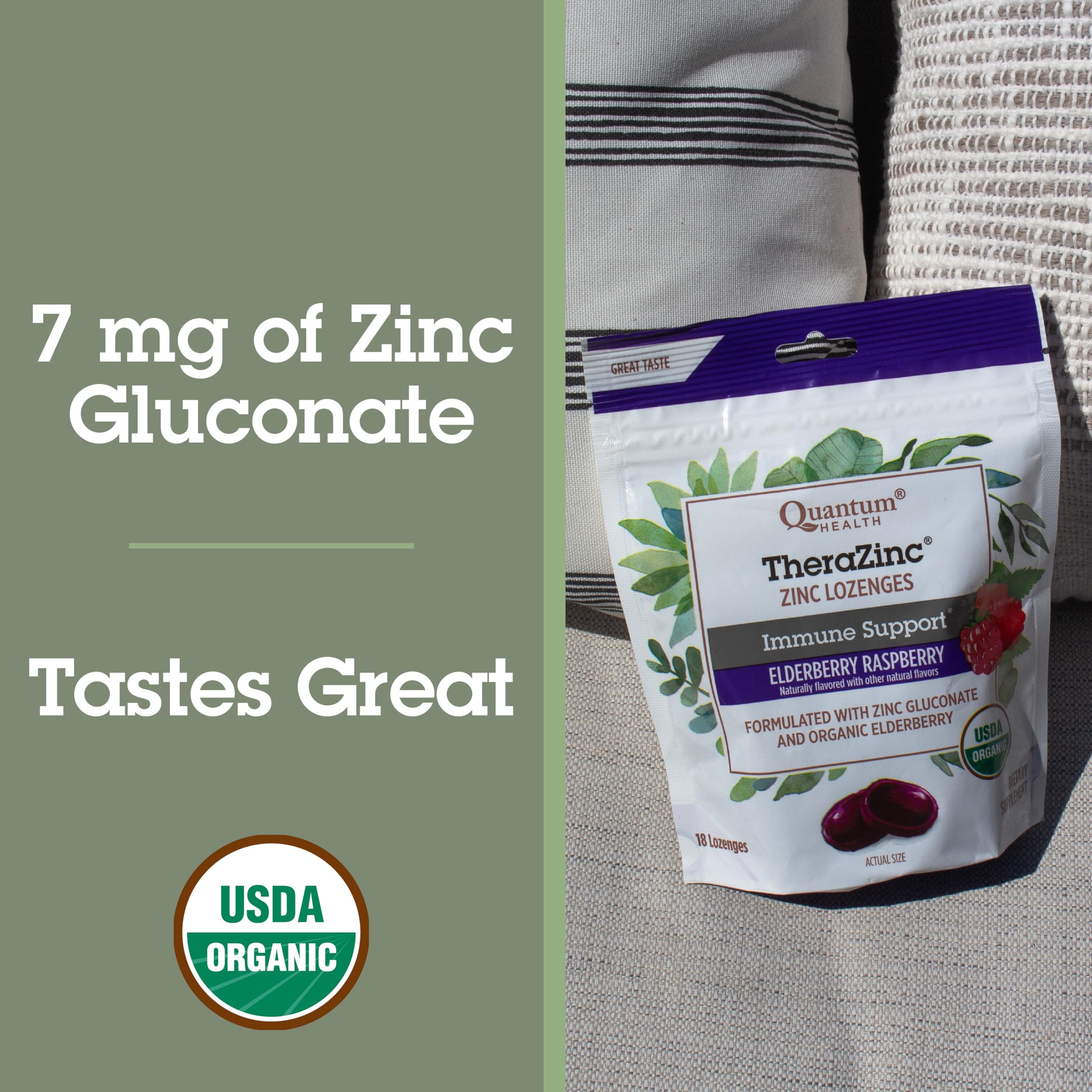 Quantum Health TheraZinc organic lozenges packaging showing 18 count