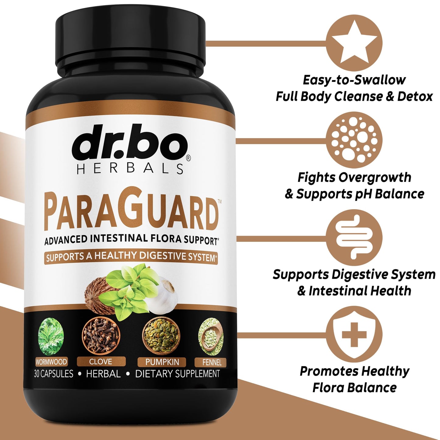 DR. BO ParaGuard 30 herbal capsules supplement label details showing product directions.