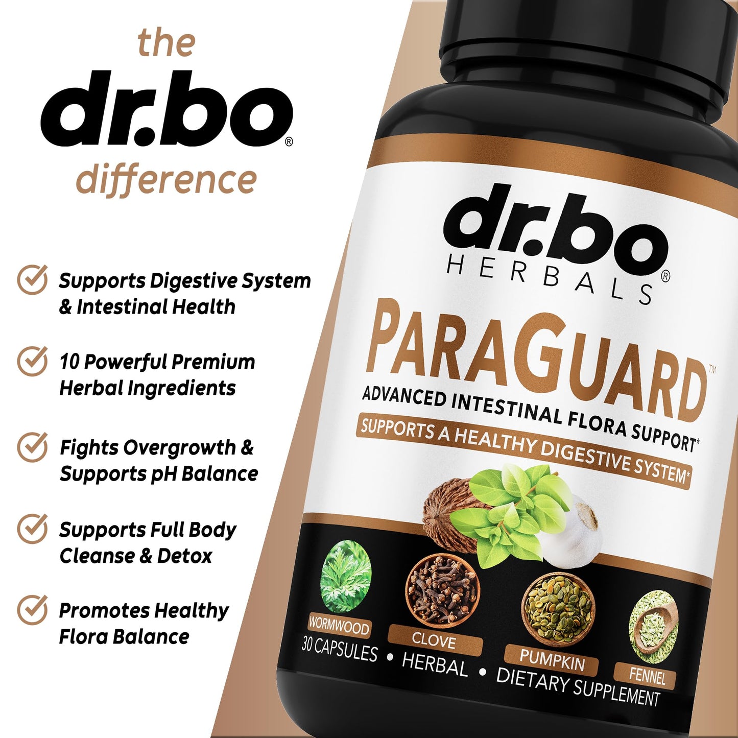 DR. BO ParaGuard natural intestine cleanser bottle showcasing the plant based vegetarian formula.