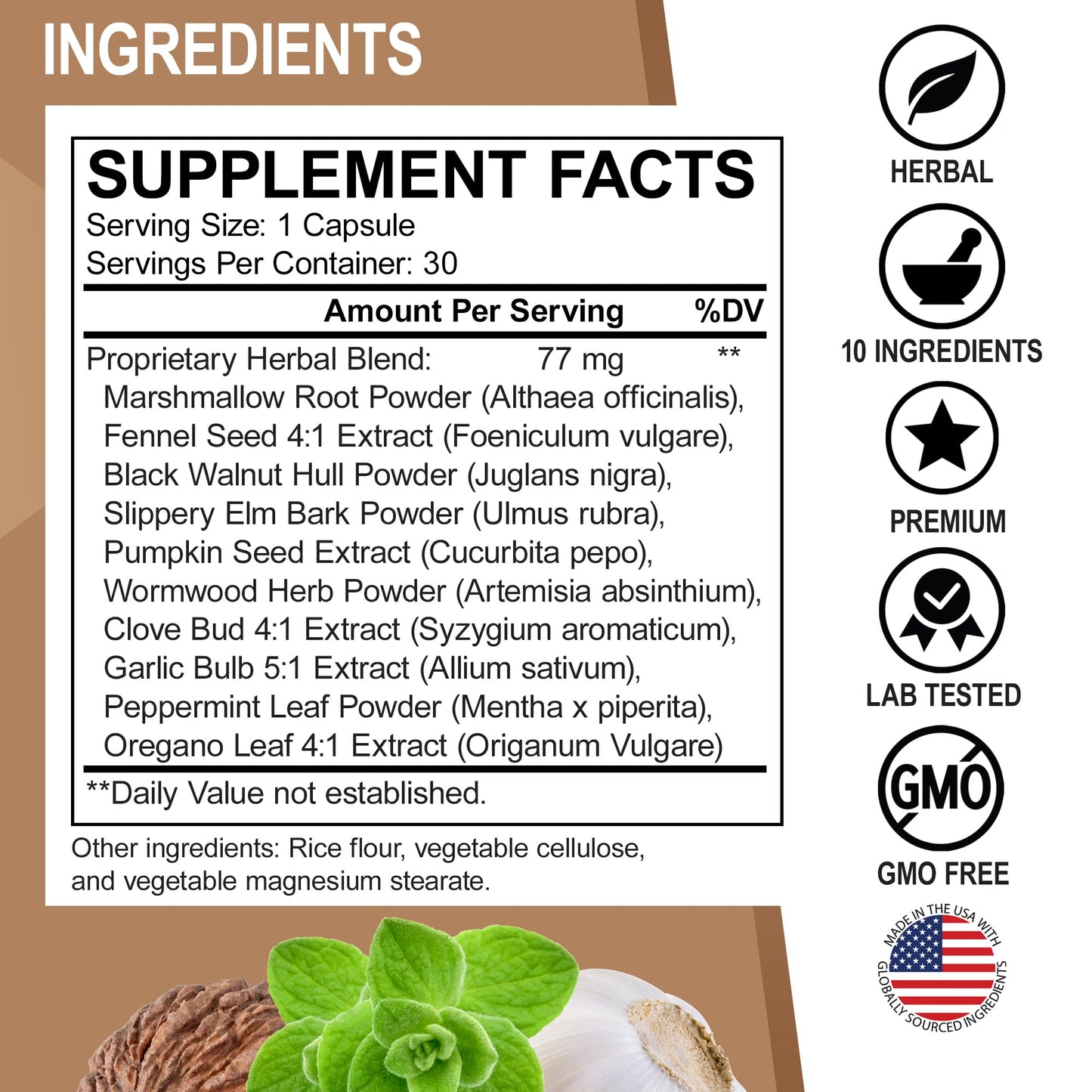 DR. BO ParaGuard dietary supplement bottle close up highlighting non GMO and gluten free seals.