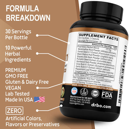 DR. BO ParaGuard herbal cleanse product with list of ten traditional botanical ingredients.