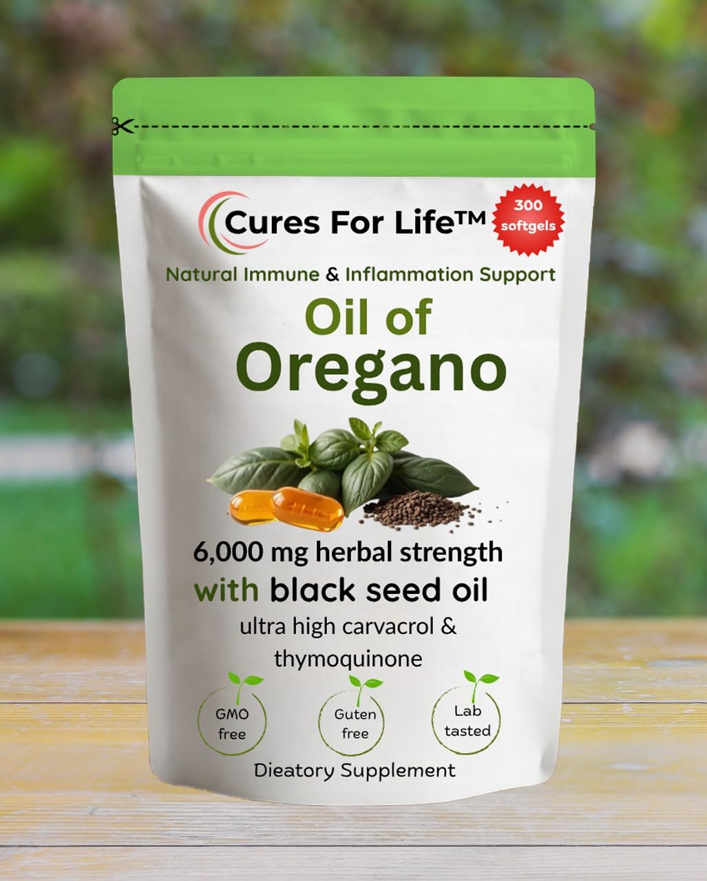 Cures For Life oregano oil 300 softgels label showing carvacrol facts