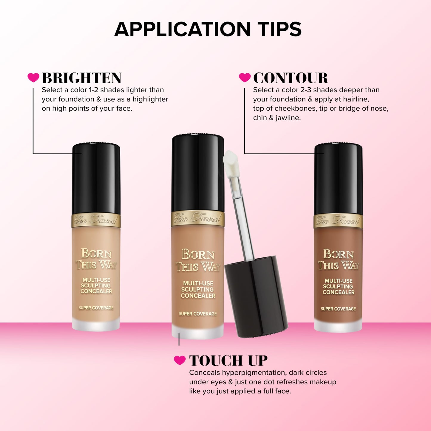 Too Faced diamond shaped doe foot applicator dipped inside liquid formula