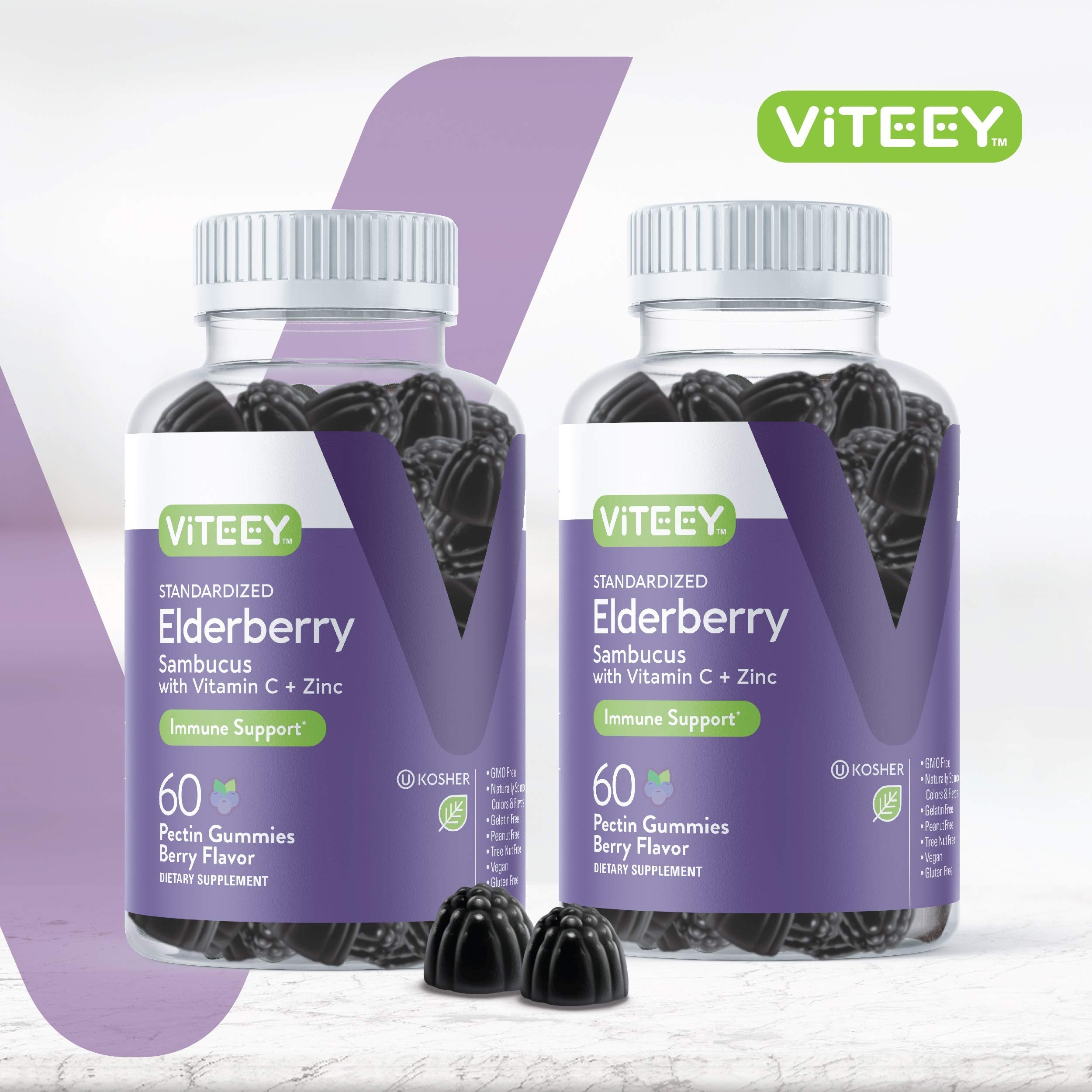 Viteey sugar free elderberry gummies back label detailing vitamin c and zinc ingredients