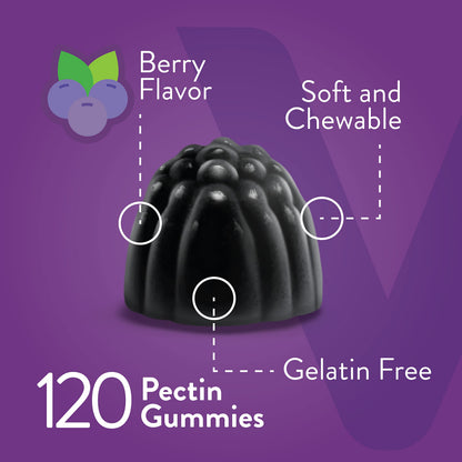 Side profile of Viteey black elderberry supplement showing non gmo and vegan certifications