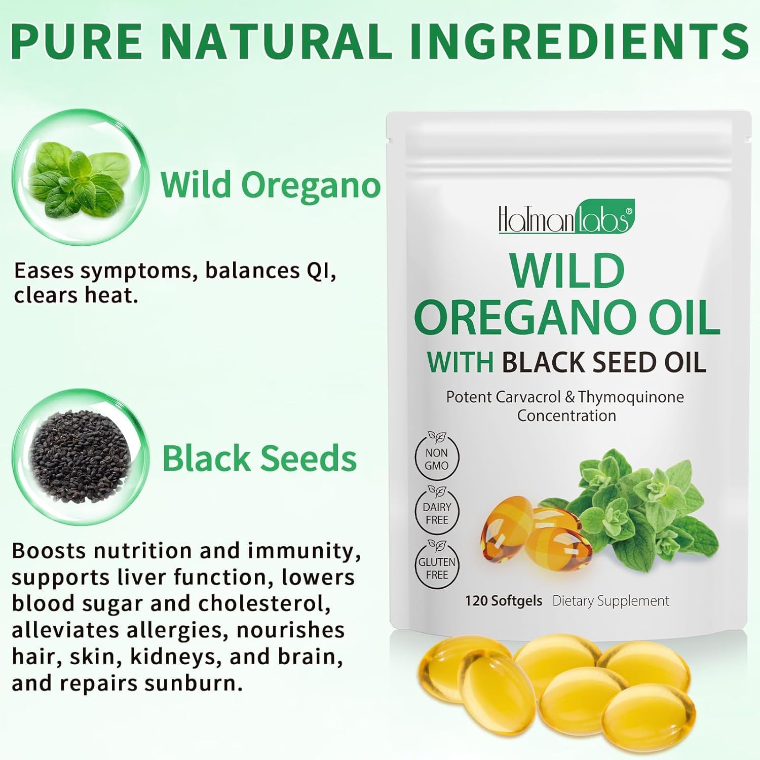 Newseel organic oregano oil softgels 120 capsules pack showing supplement facts