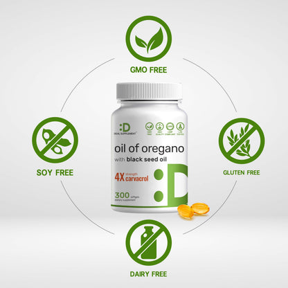 High potency carvacrol and thymoquinone 2-in-1 immune support capsules layout close up