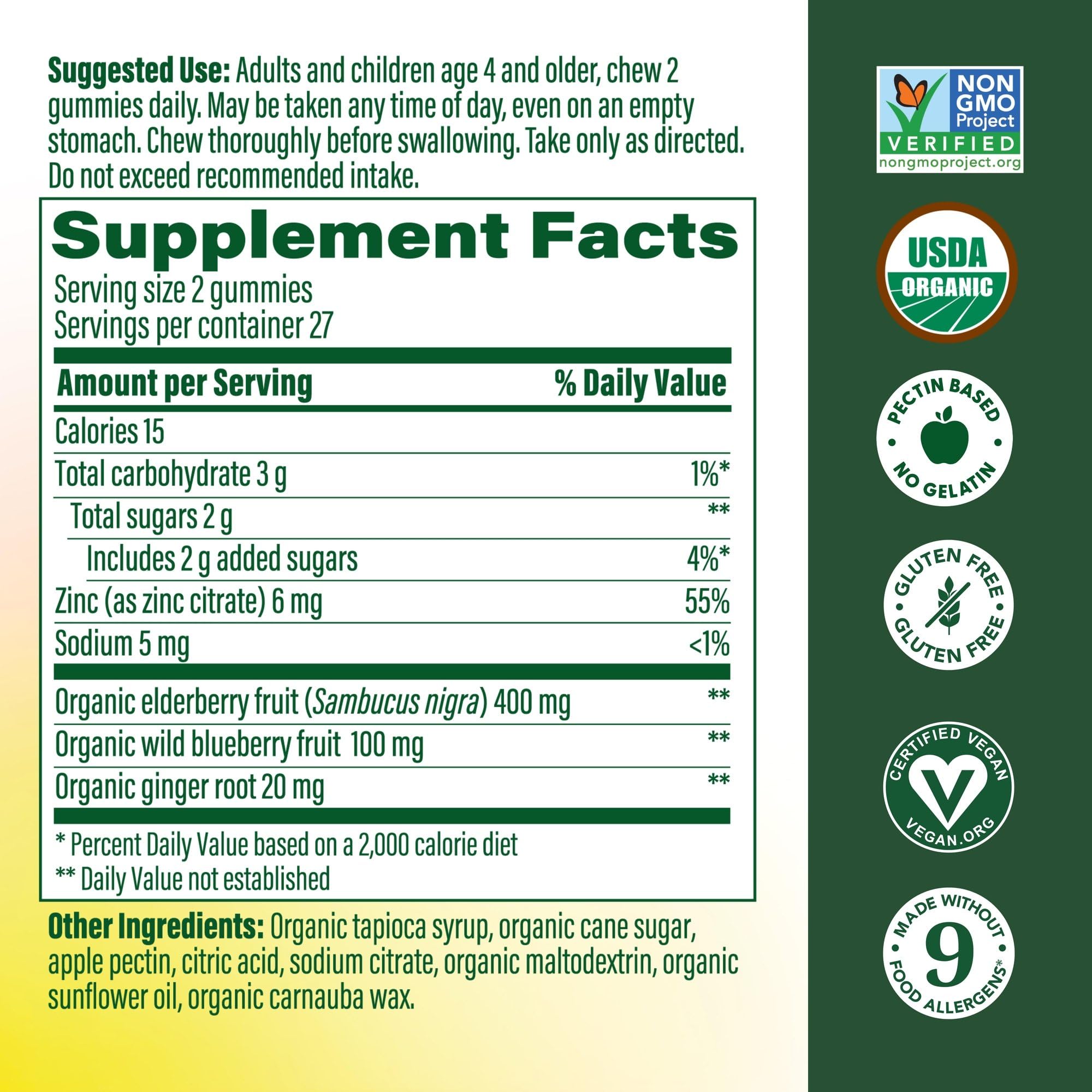 MegaFood organic elderberry and zinc vegan gummies label showing ingredient facts
