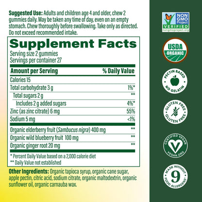 MegaFood organic elderberry and zinc vegan gummies label showing ingredient facts