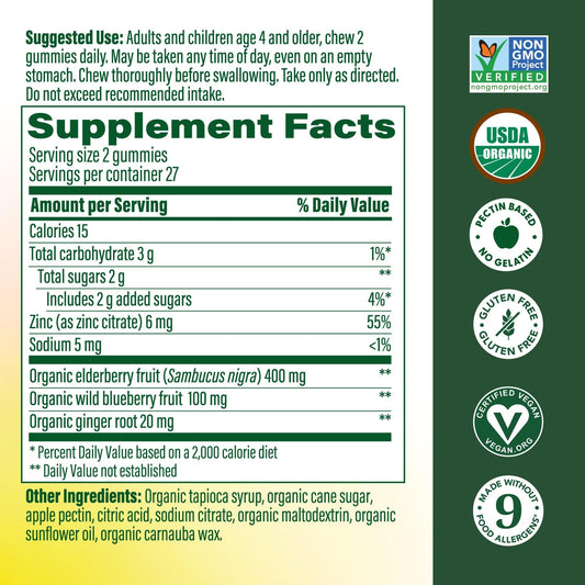 MegaFood organic elderberry and zinc vegan gummies label showing ingredient facts