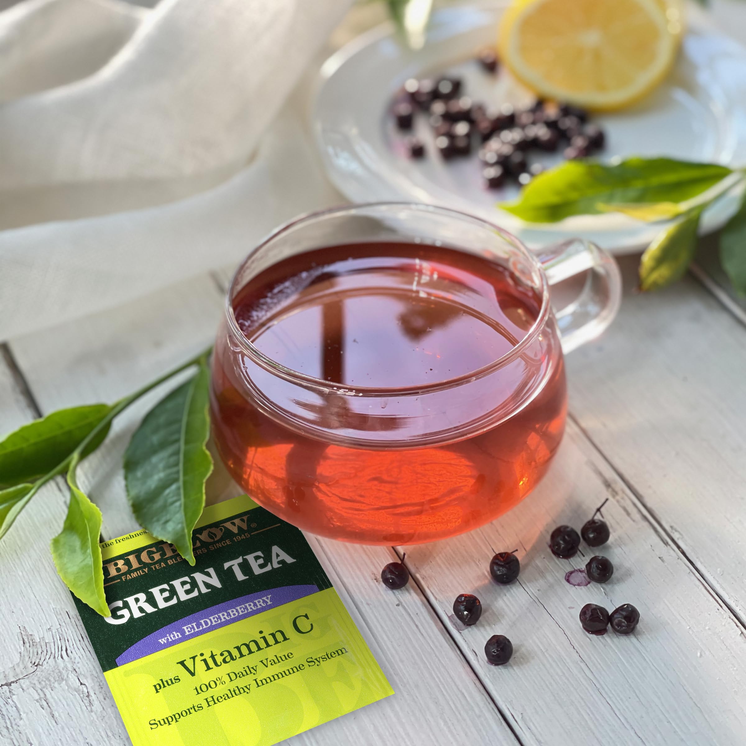 Authentic Bigelow elderberry green tea 18 count packaging displaying ingredients