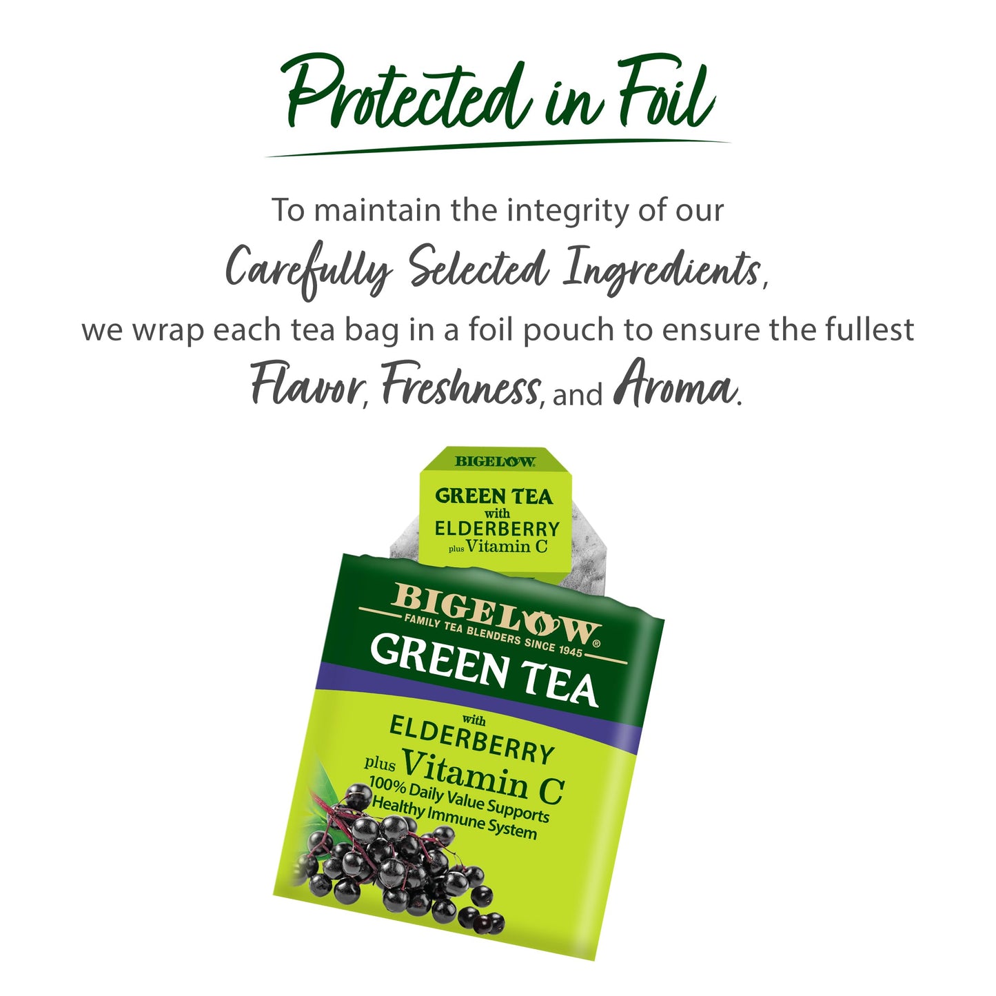 Imported Bigelow caffeinated green tea showing individual protective foil pouches
