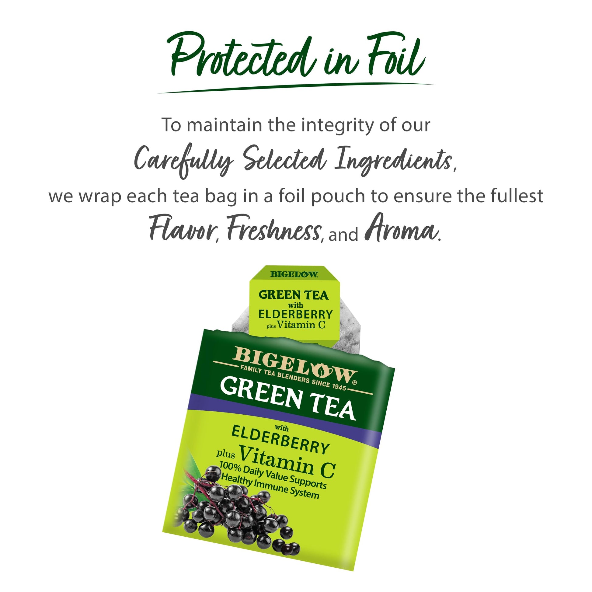 Imported Bigelow caffeinated green tea showing individual protective foil pouches
