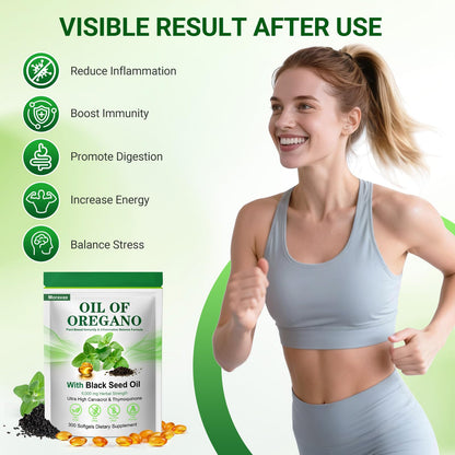 Moravax pure oregano oil with black seed oil capsules showing supplement facts and carvacrol levels.