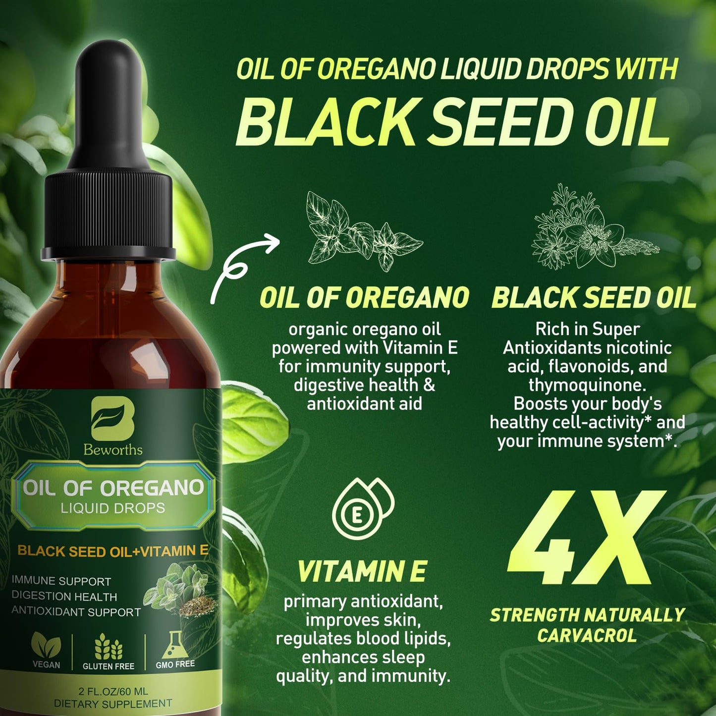 Side angle of B BEWORTHS oregano oil drops packaging showing the product specifications