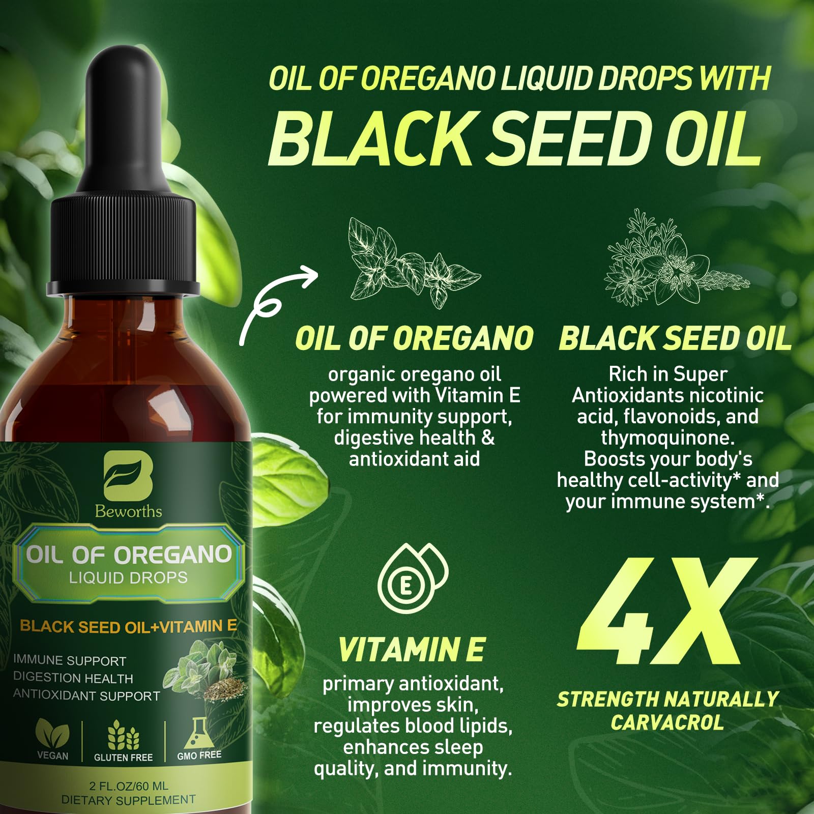 Side angle of B BEWORTHS oregano oil drops packaging showing the product specifications