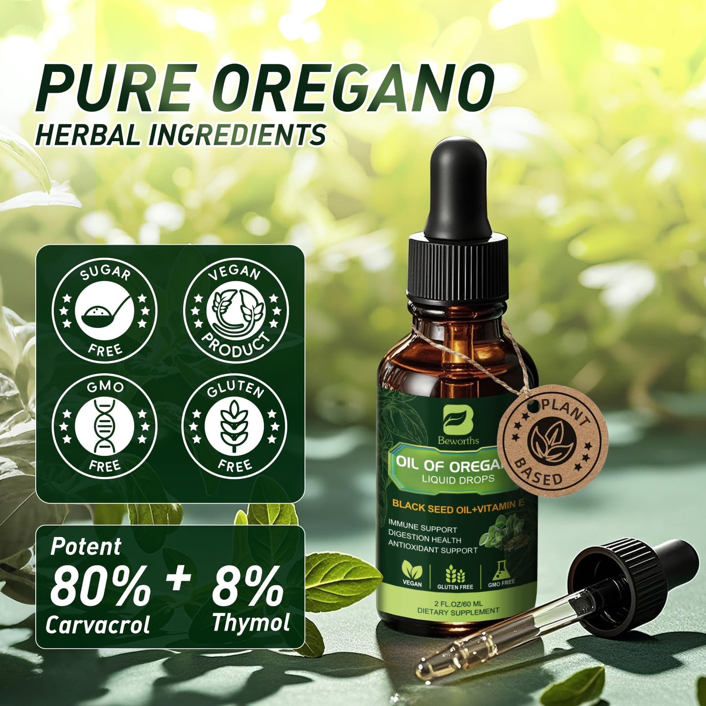 Back label of B BEWORTHS organic drops displaying ingredients and daily usage guidelines