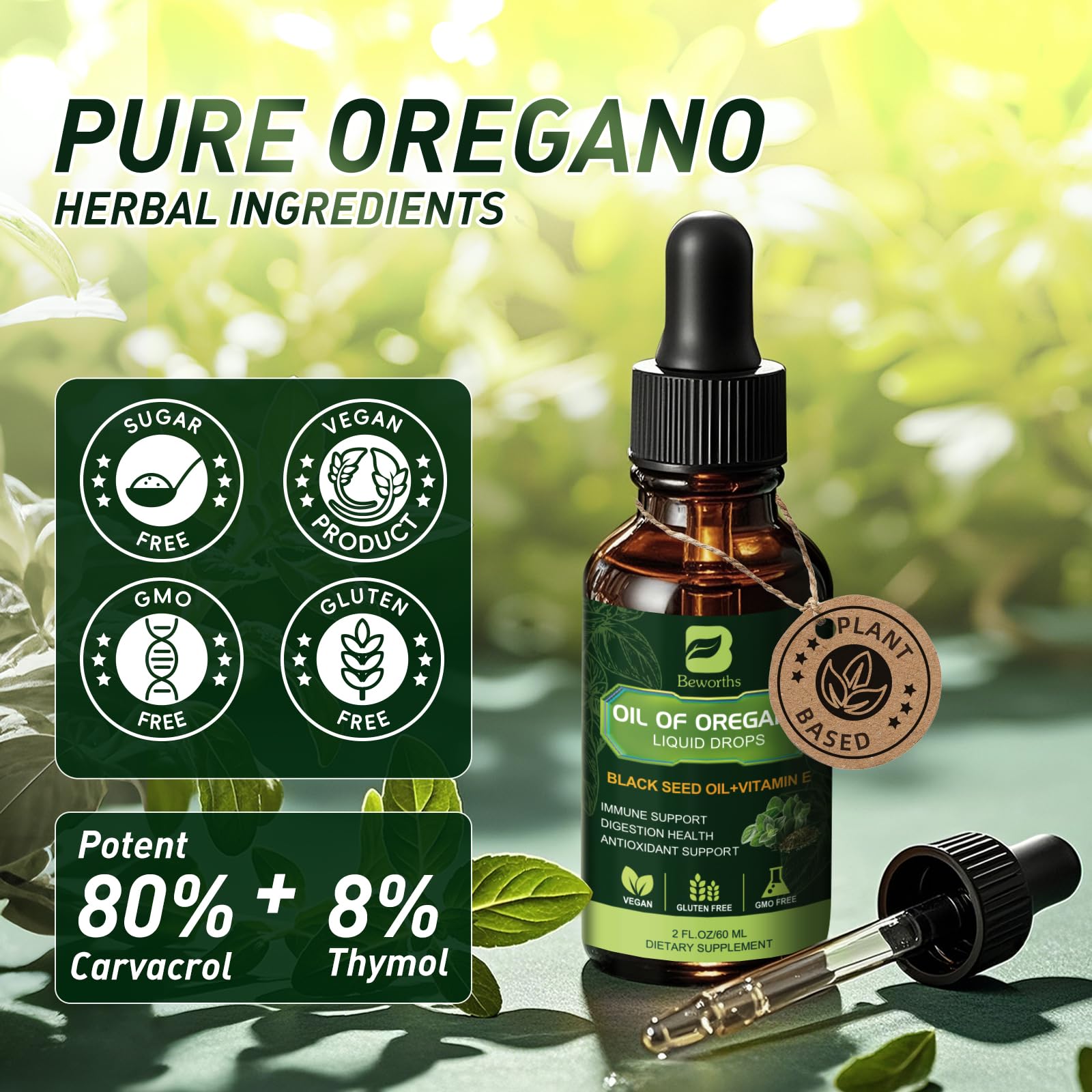 Back label of B BEWORTHS organic drops displaying ingredients and daily usage guidelines