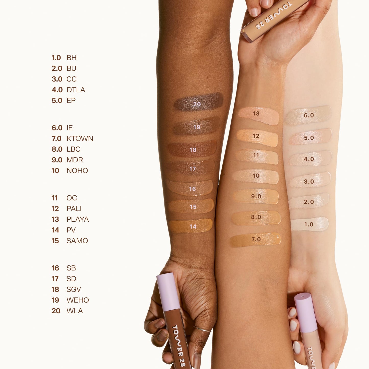 Tower 28 concealer shade 4.0 DTLA liquid texture swatch