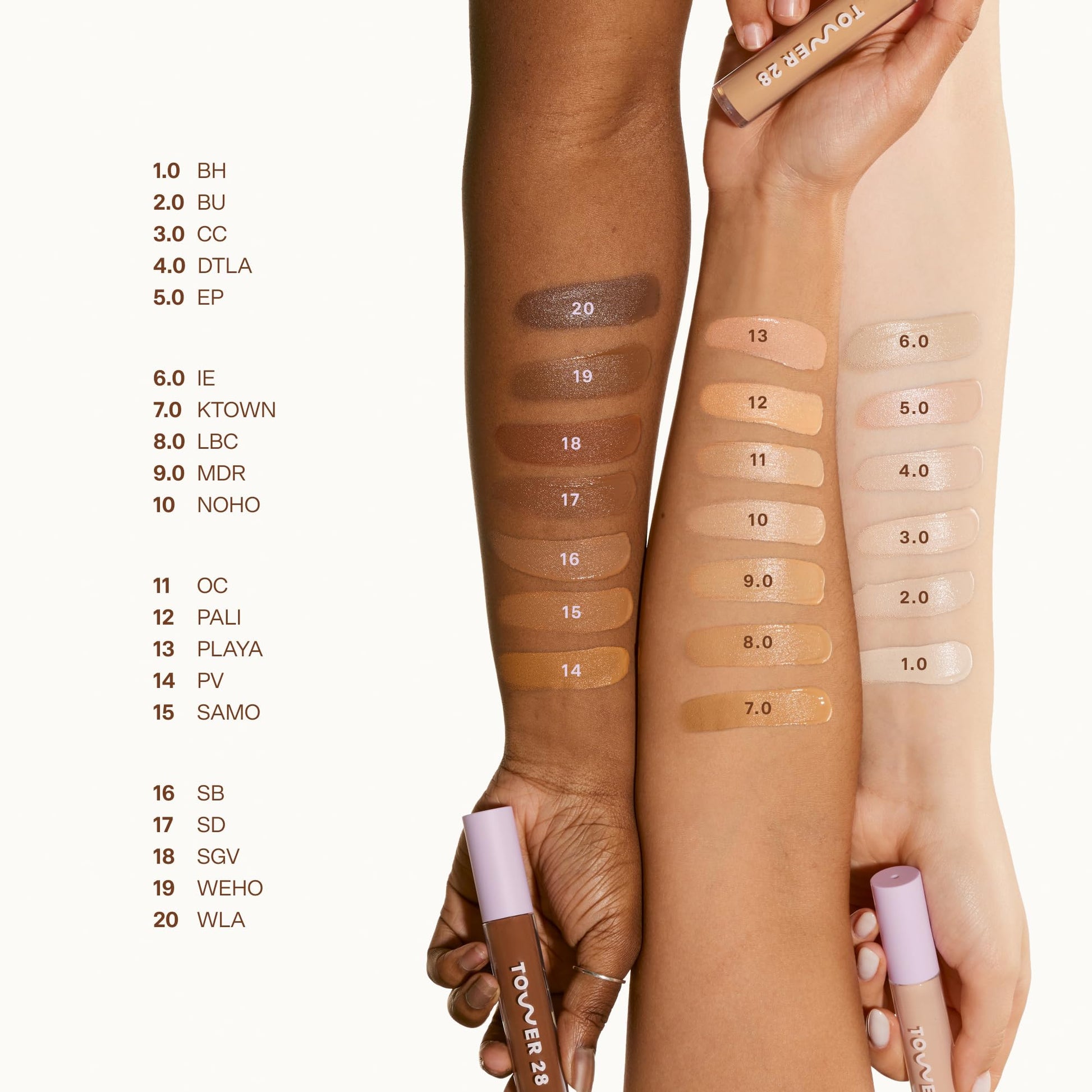 Tower 28 concealer shade 4.0 DTLA liquid texture swatch