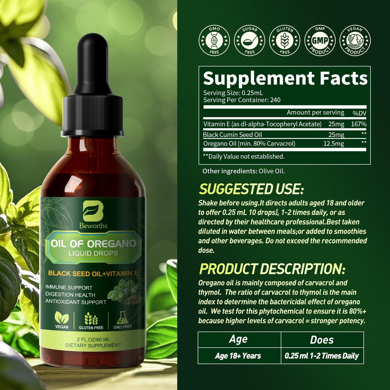 B BEWORTHS immune and digestive support liquid drops box packaging highlighting vegan seal