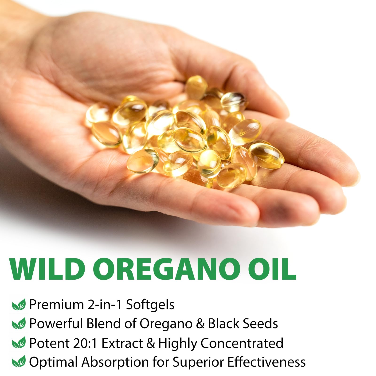 Close up of the easy to swallow liquid softgels of Cacukn oregano and black seed oil blend.