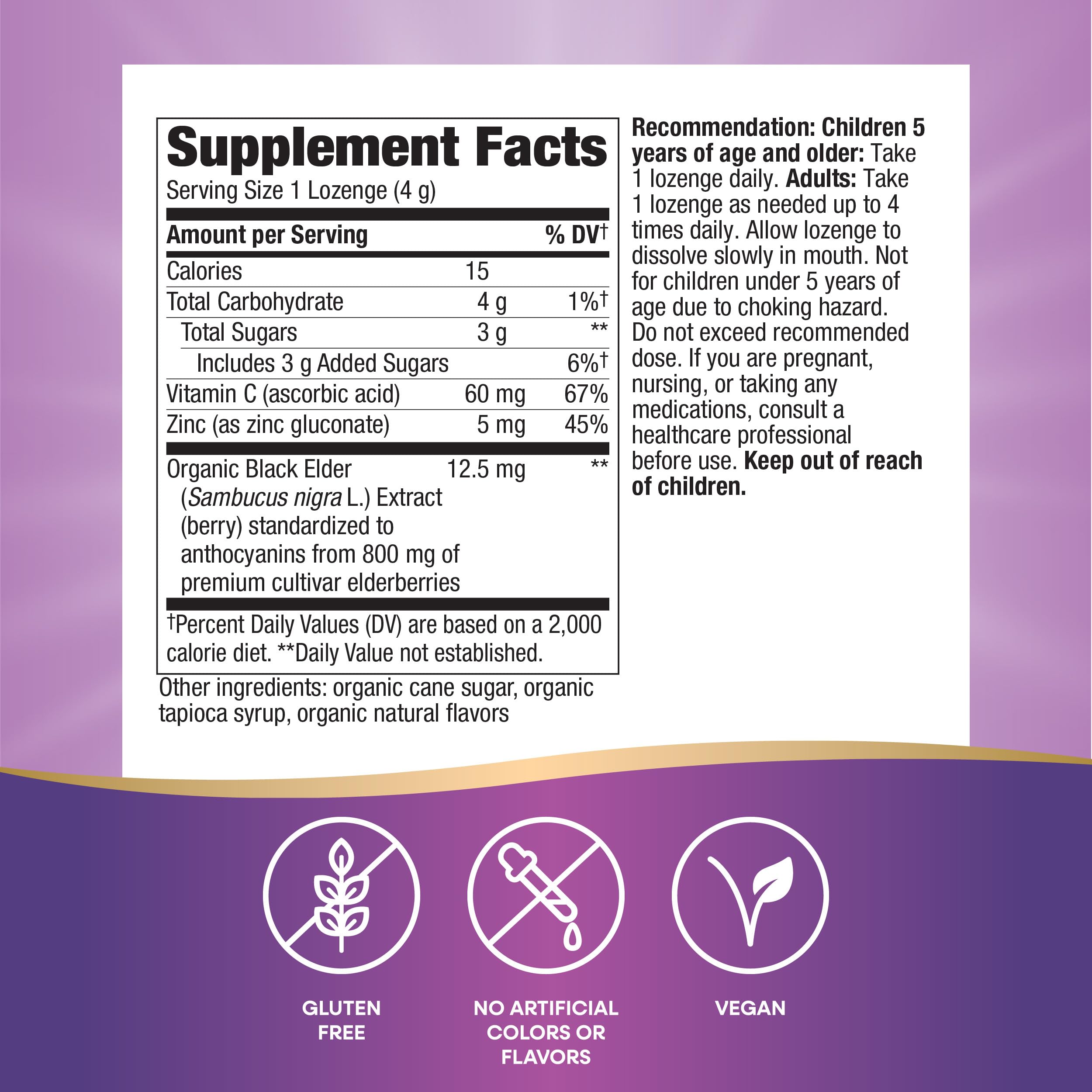 Nature's Way elderberry lozenges with zinc and vitamin C nutrition facts label showing ingredient breakdown
