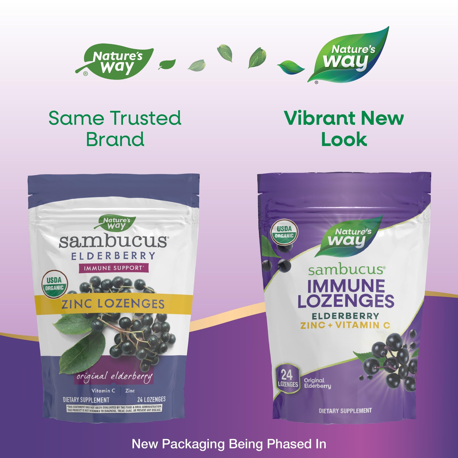Three resealable purple pouches of Nature's Way Sambucus organic immune support dietary supplements arranged together